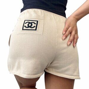 CHANEL Sport Vintage 03A CC Logo Knit Short Pants #34 Beige Cotton [105463]
